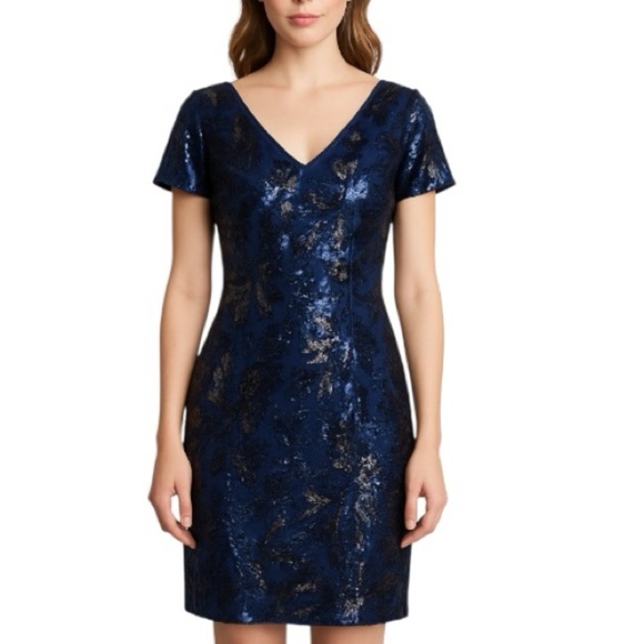 Badgley Mischka Sequin Dress Size 2 Blue Floral - Picture 1 of 15